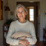 Femme réfléchie tenant un pull en laine dans un intérieur chaleureux