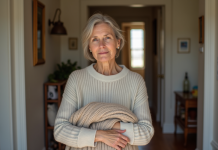 Femme réfléchie tenant un pull en laine dans un intérieur chaleureux