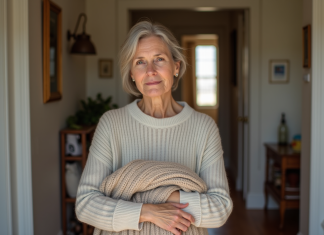 Quand et comment se débarrasser d’un vêtement : astuces et conseils pratiques Femme réfléchie tenant un pull en laine dans un intérieur chaleureux