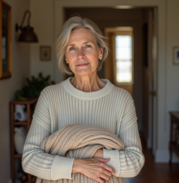 Femme réfléchie tenant un pull en laine dans un intérieur chaleureux