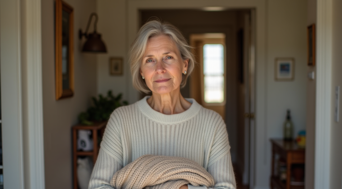 Femme réfléchie tenant un pull en laine dans un intérieur chaleureux