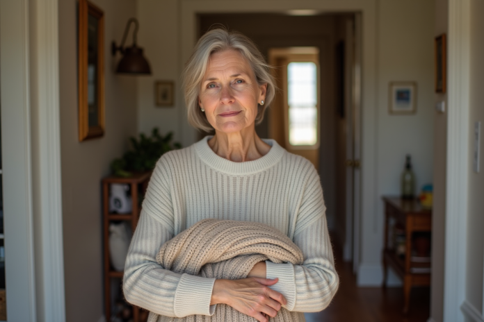 Femme réfléchie tenant un pull en laine dans un intérieur chaleureux