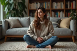 Femme en intérieur regardant une horloge digitale 22h22