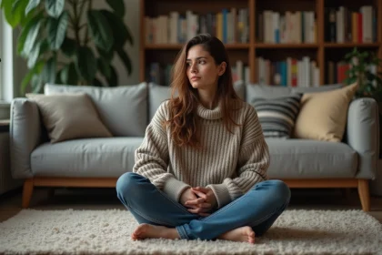 Femme en intérieur regardant une horloge digitale 22h22