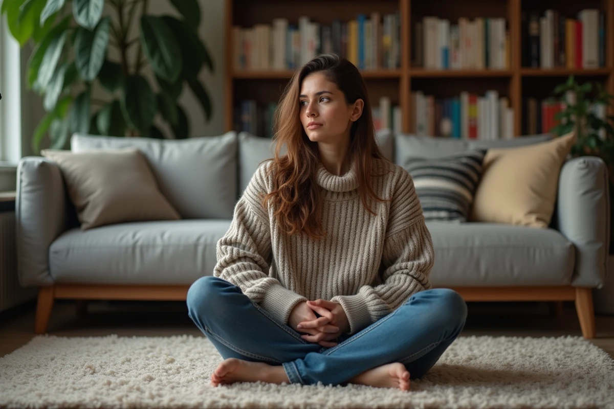Femme en intérieur regardant une horloge digitale 22h22