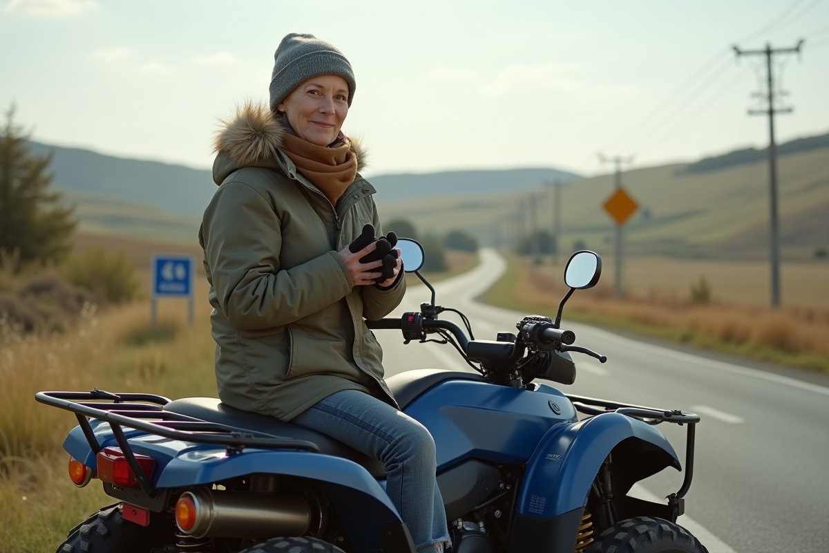Femme ajustant ses gants près de son quad en campagne