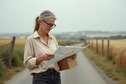 Femme en zone rurale consultant une carte papier avec un colis Chronopost sous le bras, recherchant un relais proche