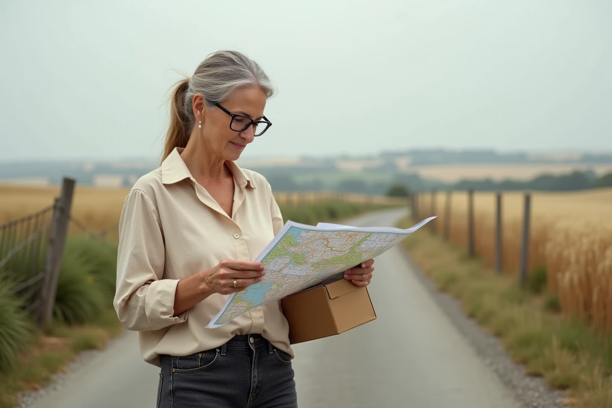 Femme en zone rurale consultant une carte papier avec un colis Chronopost sous le bras, recherchant un relais proche