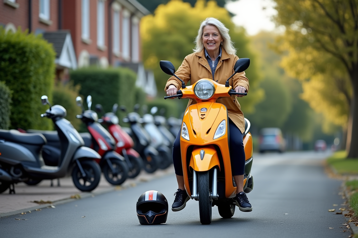 Femme sur un scooter dans un quartier résidentiel