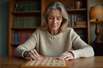Femme jouant au Scrabble avec des lettres en bois sur une table en chêne, stratégie de mots gagnants