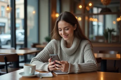 Femme utilisant son smartphone dans un café moderne
