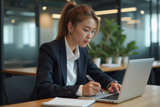 Jeune femme concentrée sur son ordinateur dans un espace coworking