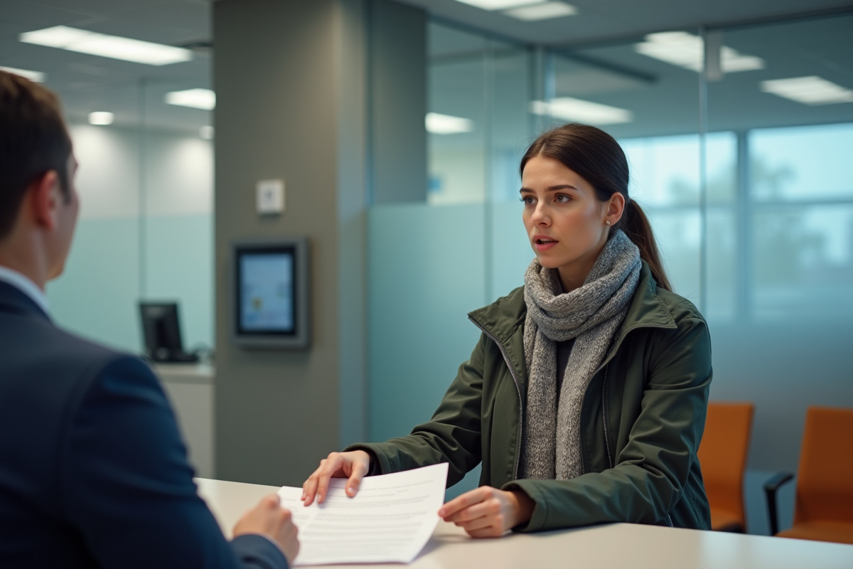 Femme en veste pratique remet des documents à un agent