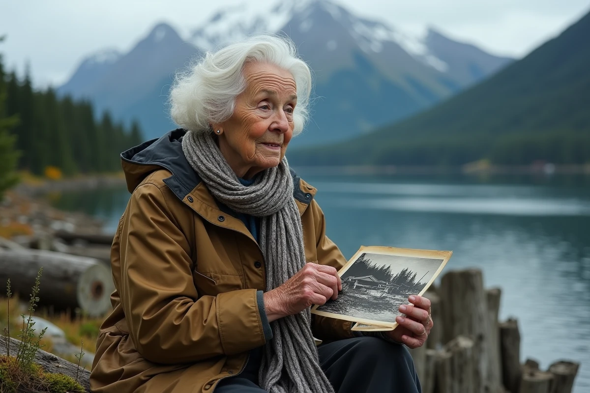 Femme &acirc;g&eacute;e regardant une photo du tsunami de 1958