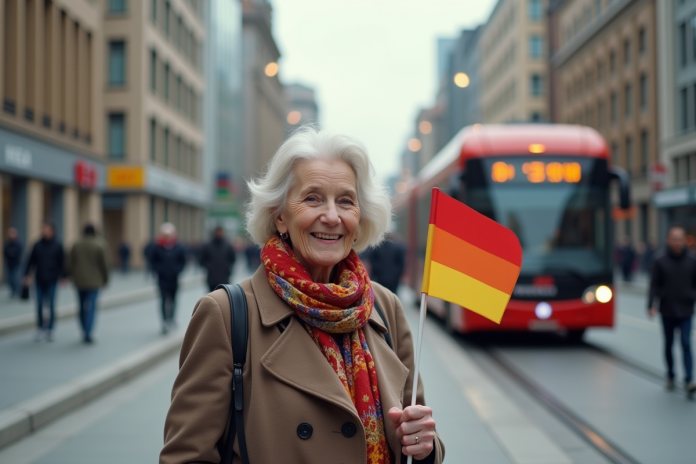 femme-vecue-pride-civique Femme âgée souriante avec drapeau dans la ville
