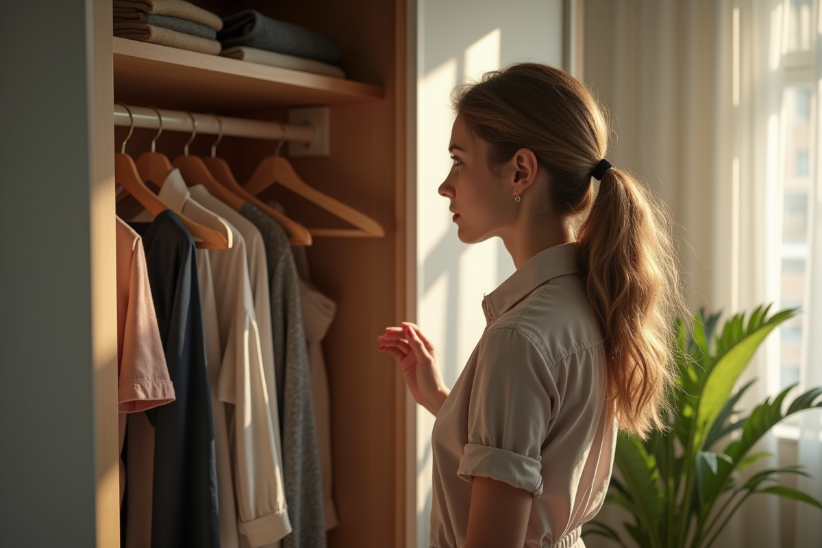 Jeune femme examinant des étiquettes de vêtements éthiques dans sa chambre
