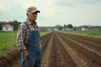 Ferme avec champs et maisons en banlieue en arrière-plan