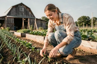 Jeune fermière inspectant des rangées de cultures bien organisées dans un potager optimisé, illustrant la gestion efficace des parcelles agricoles