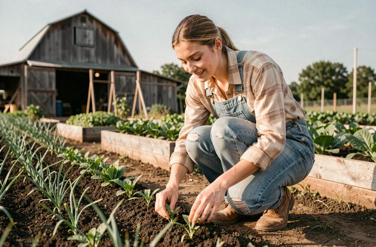 Jeune fermière inspectant des rangées de cultures bien organisées dans un potager optimisé, illustrant la gestion efficace des parcelles agricoles