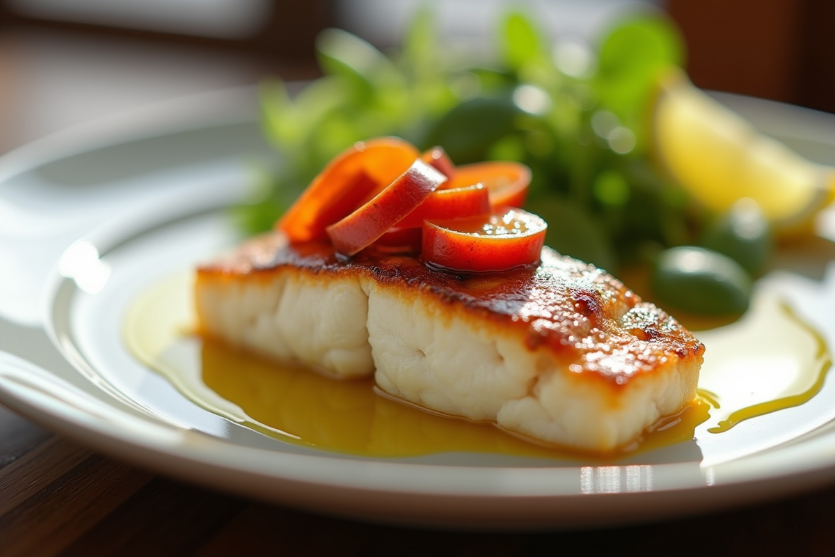 Filet de cabillaud avec chorizo en sauce sur assiette