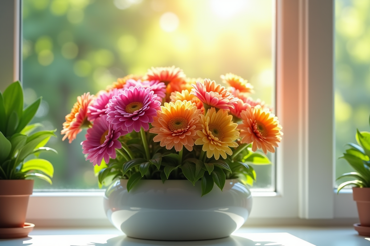 Fleurs colorées dans un pot sur une fenêtre ensoleillée