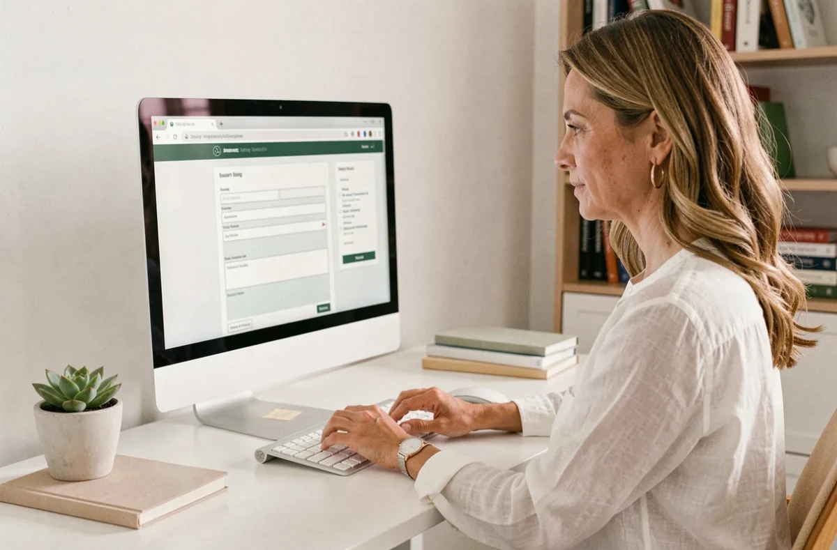Femme remplissant un formulaire d'assurance voiture en ligne depuis son bureau à domicile