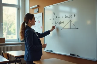 Professeure expliquant la formule du volume d'une pyramide à base carrée au tableau blanc dans une salle de classe
