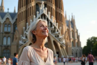 Vue de la Sagrada Familia illuminée sous un ciel bleu
