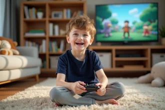 Enfants jouant à des jeux vidéo et s'amusant ensemble