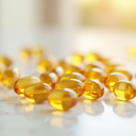 Capsules de vitamine D3 dorées sur marbre blanc