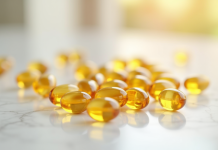 Capsules de vitamine D3 dorées sur marbre blanc