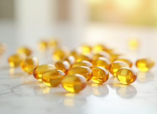Capsules de vitamine D3 dorées sur marbre blanc