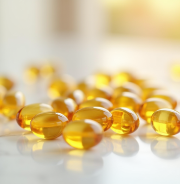 Capsules de vitamine D3 dorées sur marbre blanc
