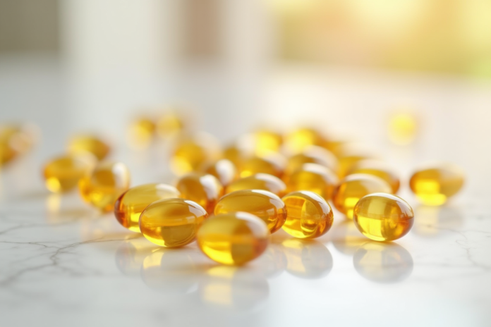 Capsules de vitamine D3 dorées sur marbre blanc