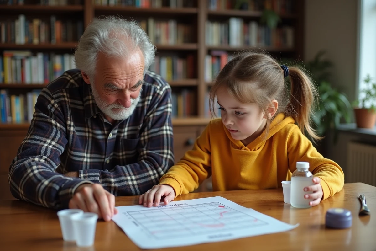 Grand-père et petite-fille étudiant un tableau de conversion de millilitres autour d'une table en bois