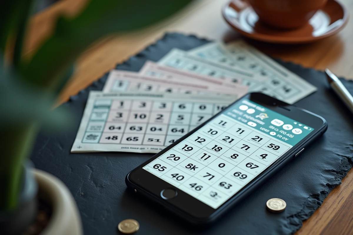 Vue de dessus de grilles de loto classiques en papier et application loto en ligne sur smartphone