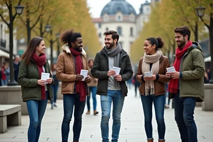 Groupe d'adultes souriants à Lyon lors d'un événement urbain