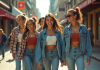 Groupe d'amis dans les années 90 souriants dans la ville
