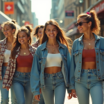 Groupe d'amis dans les années 90 souriants dans la ville