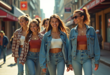 Groupe d'amis dans les années 90 souriants dans la ville