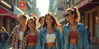 Groupe d'amis dans les années 90 souriants dans la ville