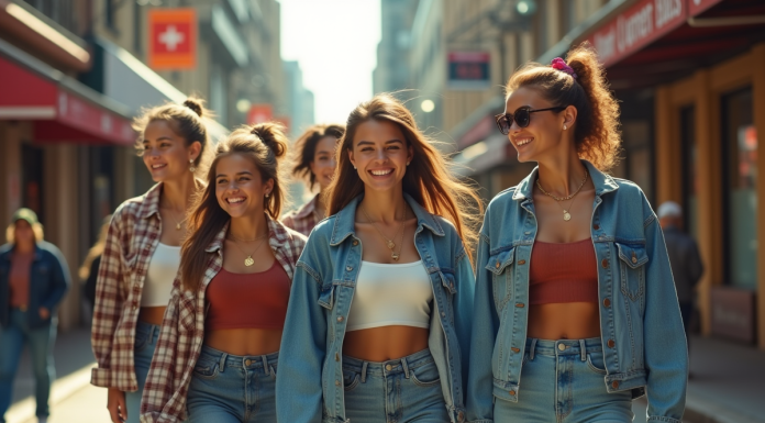 Groupe d'amis dans les années 90 souriants dans la ville