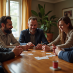 Groupe d'amis jouant aux cartes autour d'une table en journée