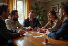 Groupe d'amis jouant aux cartes autour d'une table en journée