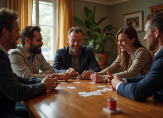 Groupe d'amis jouant aux cartes autour d'une table en journée