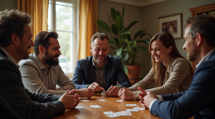 Groupe d'amis jouant aux cartes autour d'une table en journée