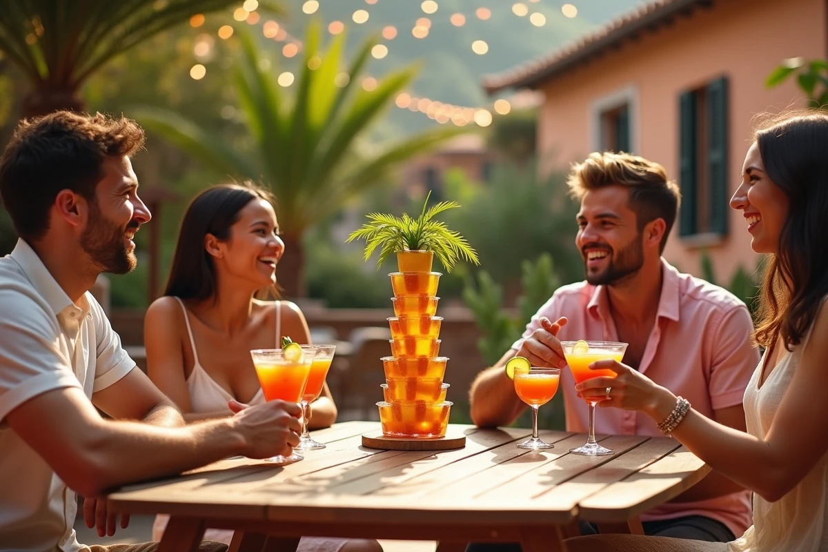 Groupe d'amis jouant au jeu du palmier alcool autour d'une table de terrasse avec des cocktails colorés et une tour de verres à shots