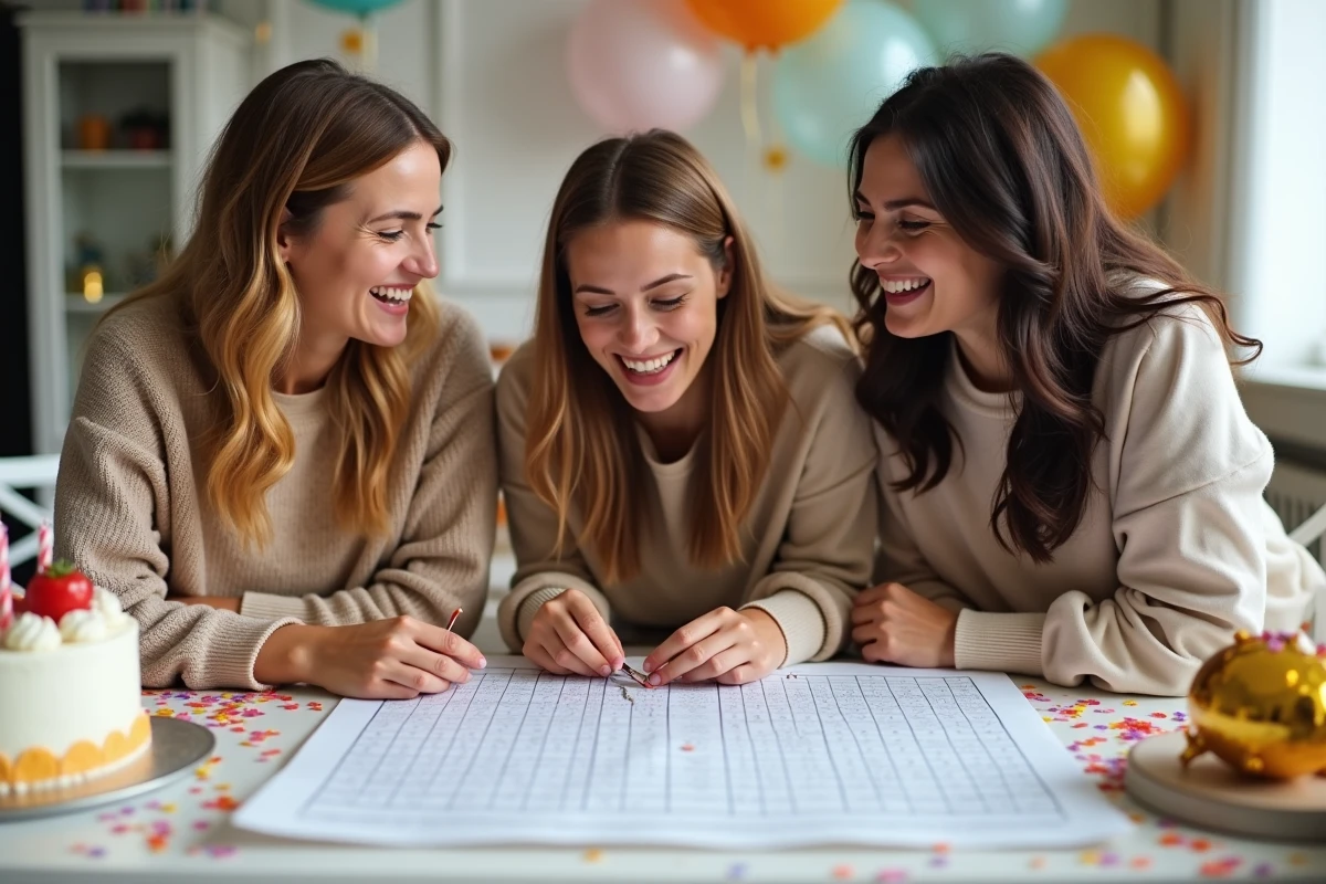 Groupe d'amis résolvant ensemble des mots croisés personnalisés lors d'une fête d'anniversaire décorée