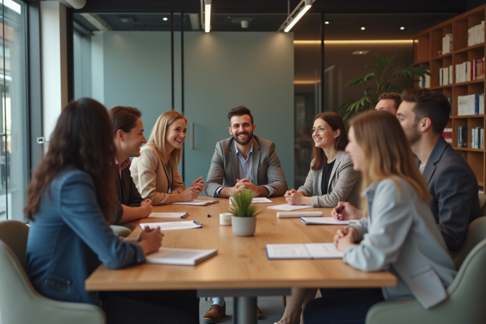 Groupe divers d'adultes en réunion de travail