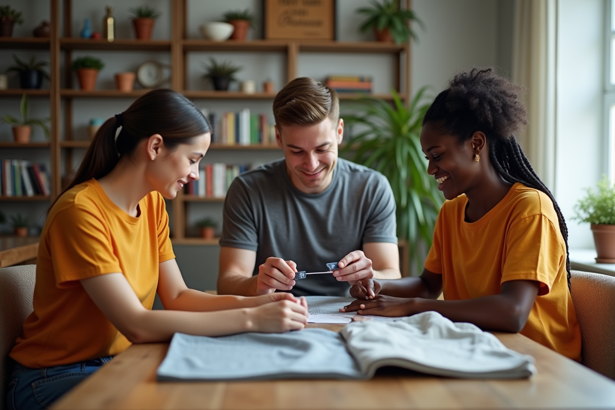 Groupe de trois personnes comparant des t-shirts à la maison